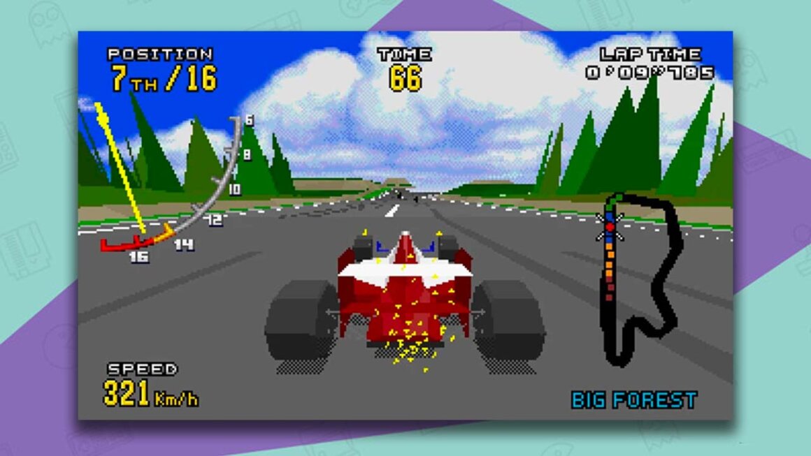 Virtua Racing Deluxe gameplay, showing a red racing car driving down a road with trees at the side