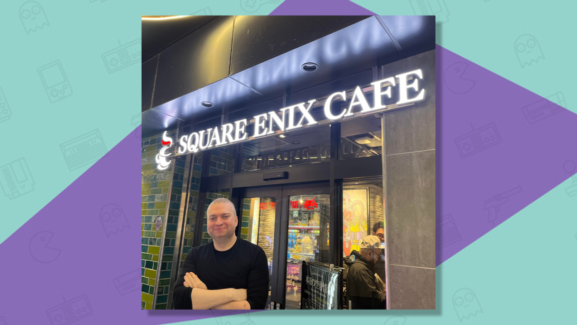 Samuel Roberts outside the Square Enix Cafe.