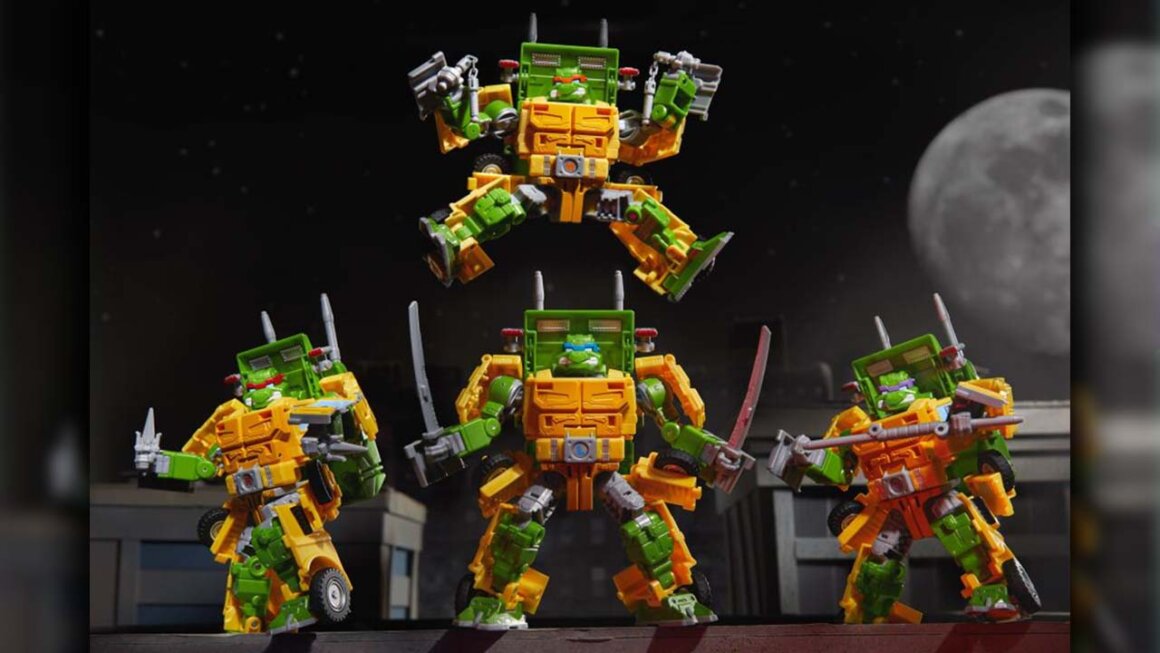 Four TMNT Transformer figures in Turtle mode