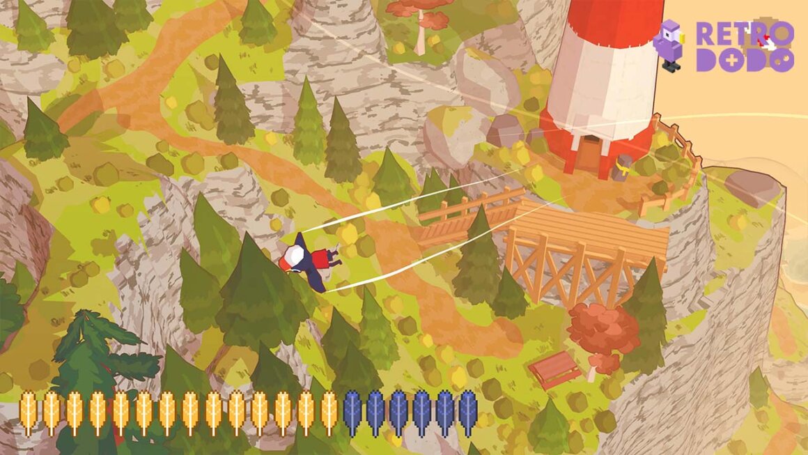 A Short hike Gameplay, showing a penguin flying over a forest neat a lighthouse