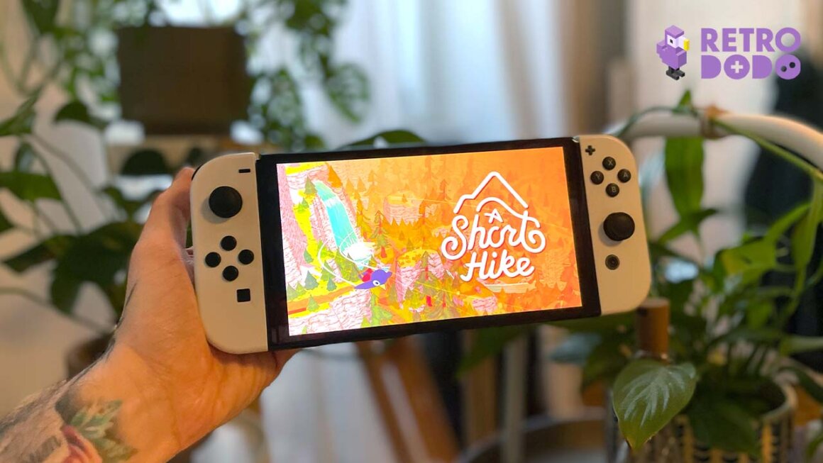 A Short Hike game art screen on Editor in Chief Seb's Nintendo Switch OLED edition