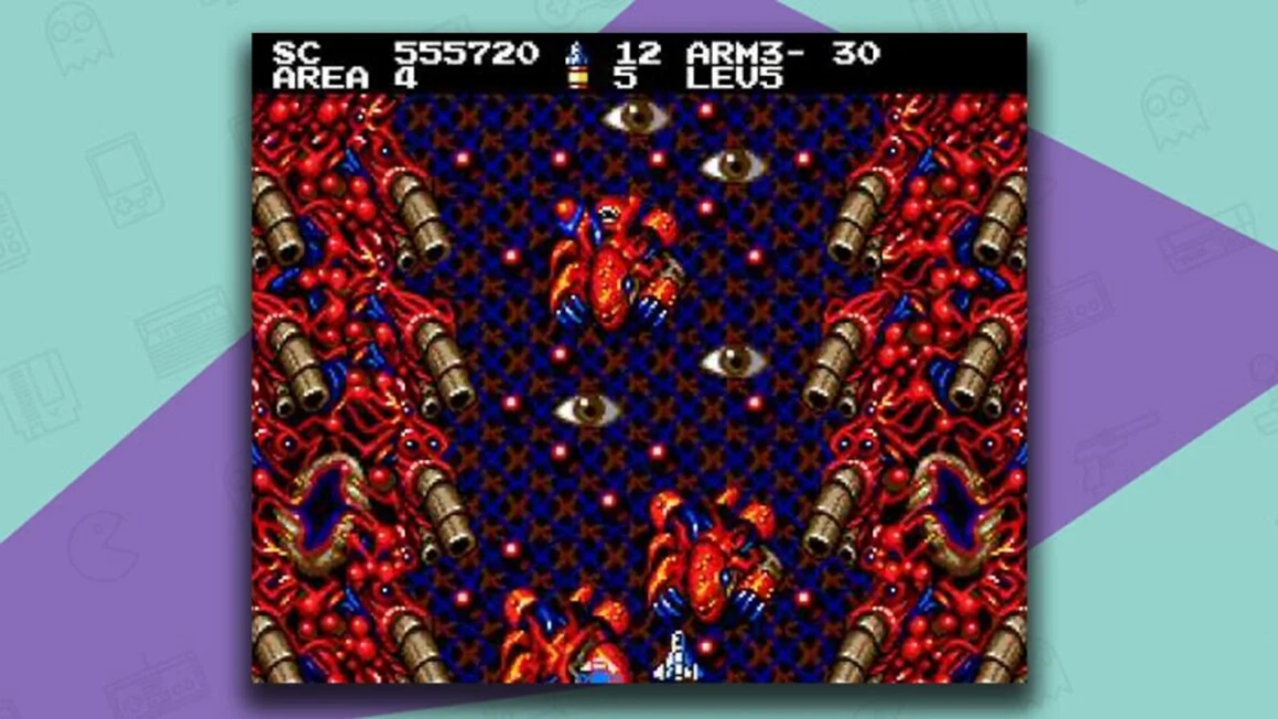Aleste 2 gameplay, with a craft moving up a screen. The background has eyes and alien-looking organisms, creating a eerie scene