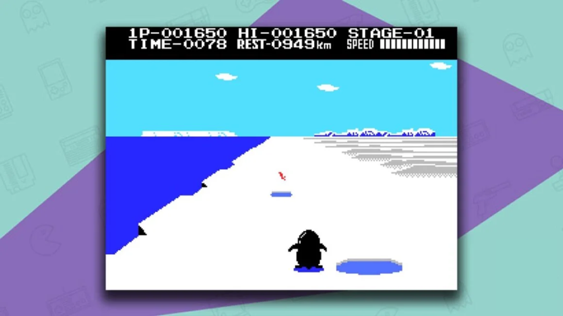 MSX gameplay of Antarctic Adventure, with a penguin moving along a stretch of ice. There are two ice pools and a red object to collect.