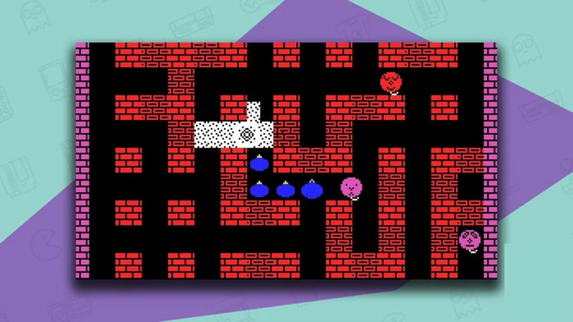 Bomberman gameplay, showing a maze made of red bricks, 4 bombs, 3 balloons, and an explosion made up of white squares.
