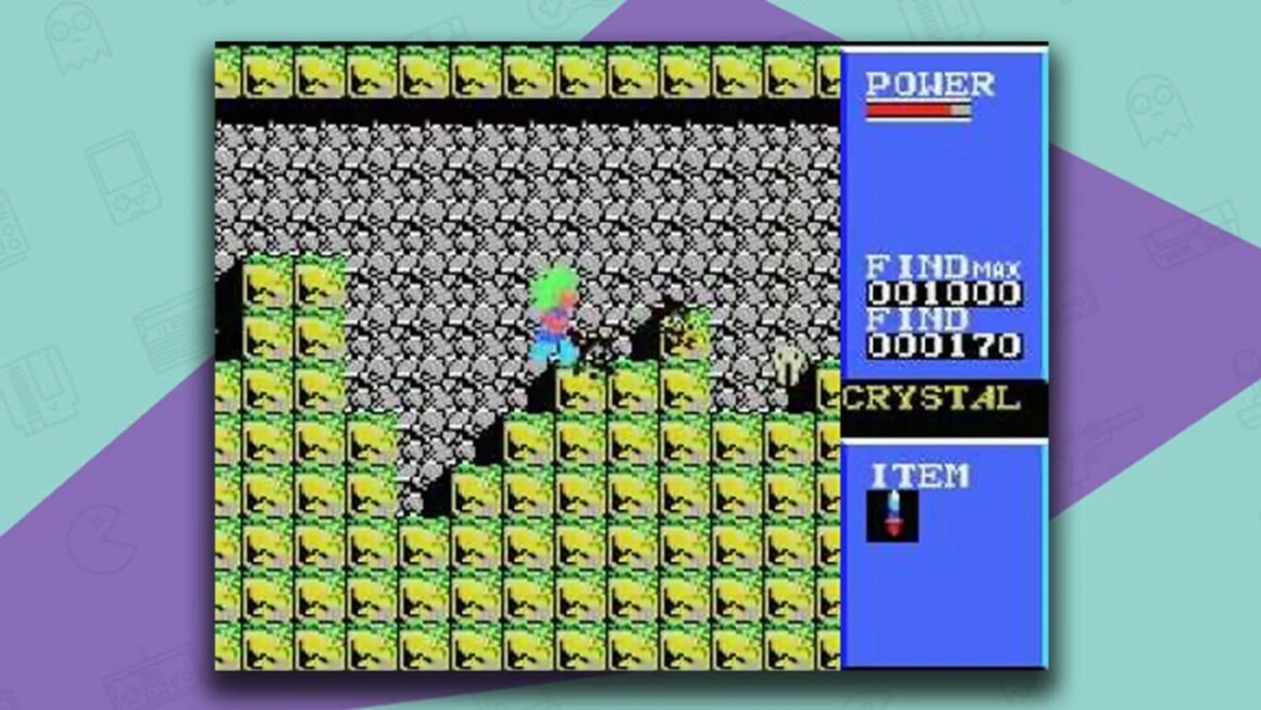 Golvellius gameplay, with a character moving up some green blocks with a stone in wall in the background.