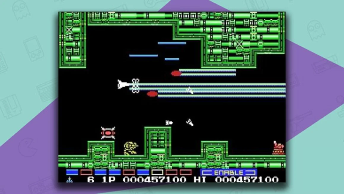 Gradius 2 gameplay - a craft scrolling sideways across a screen while shooting at enemies. There are green turrets and elongated parts of the roof to avoid.