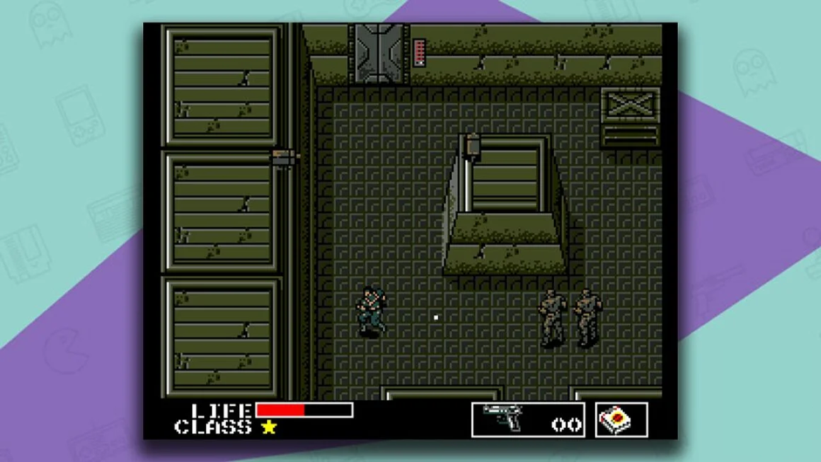 Gameplay of Metal Gear, with Solid Snake moving away from two enemies viewed from a top-down perspective 
