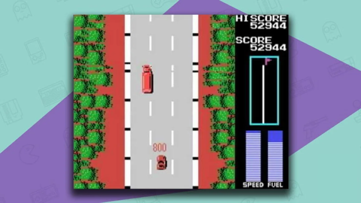 MSX Road Fighter gameplay, showing a red car driving down a road towards a red truck. 
