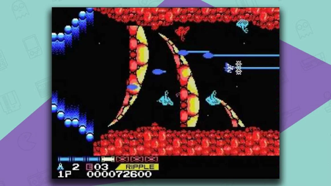 Salamander gameplay, showing a shoot-em-up with crafts moving sideways across a screen