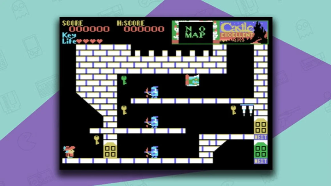 The Castle MSX gameplay, with a character standing outside of a door. Through the door is castle with three floors and enemies to beat.