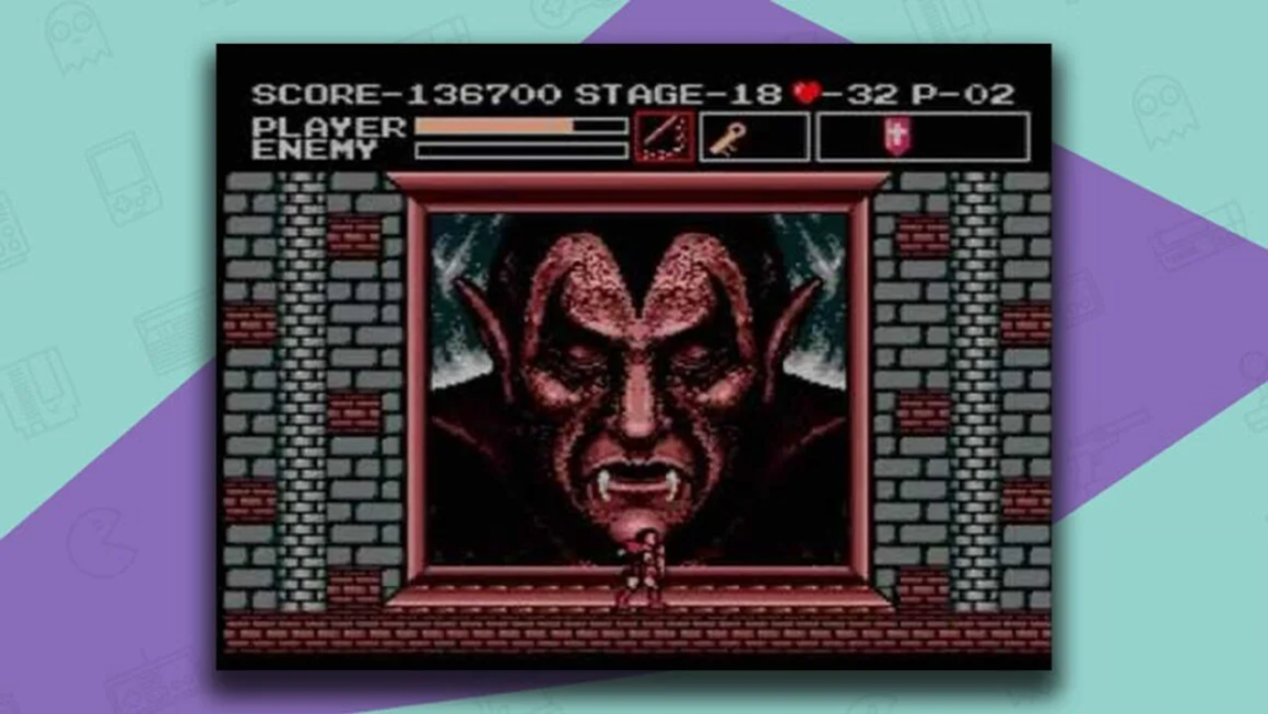 Vampire Killer gameplay, with Simon moving past a big picture of Dracula