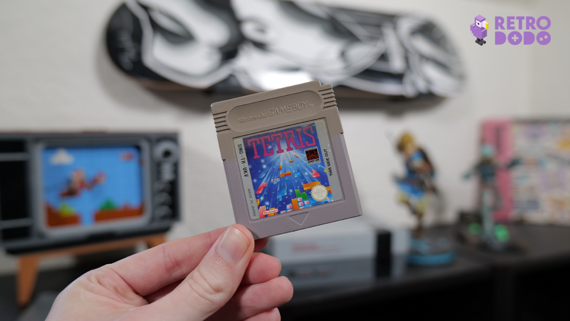 Rob holding a copy of Tetris for the Game Boy