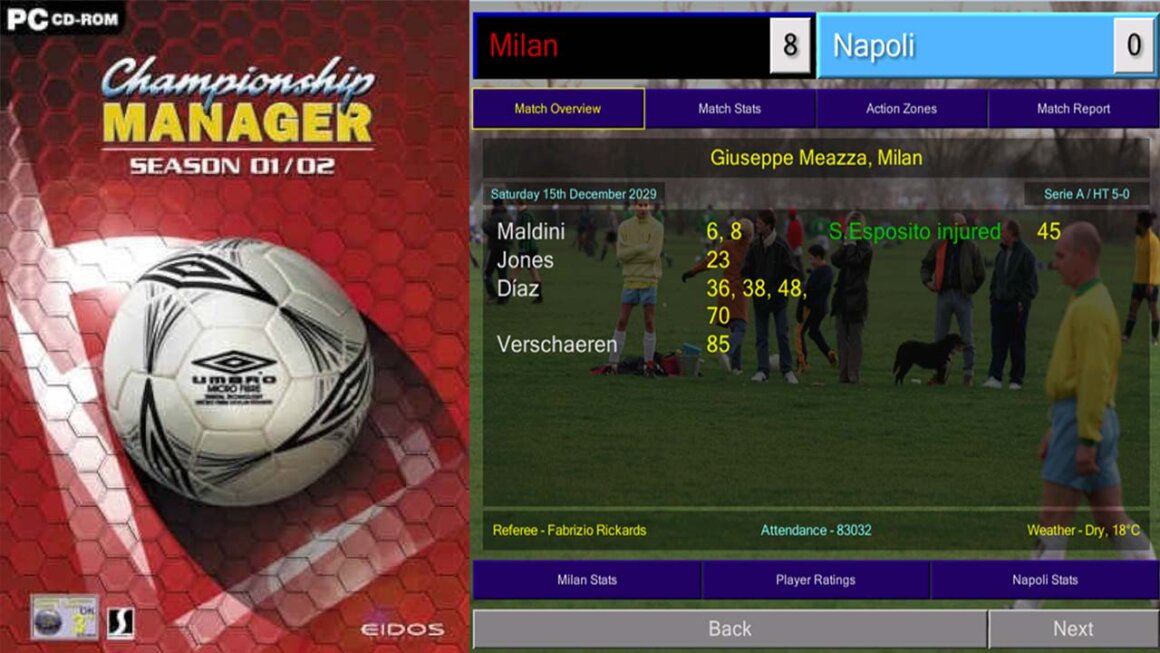 Championship Manager 01/02 game case with Milan vs Napoli stats