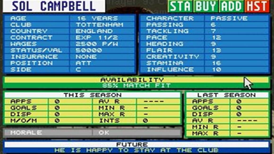 Championship Manager 93/94 gameplay showing Sol Campbell's stats