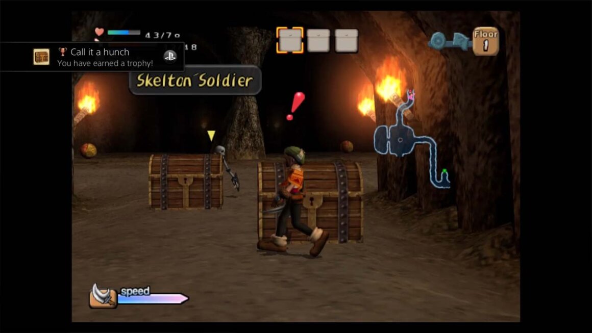 Dark Cloud gameplay - a character is moving past two chests towards a Skeleton Soldier