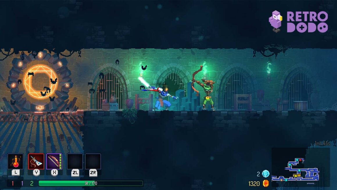 Dead Cells gameplay, with two characters surrounded by bats in a narrow corridor