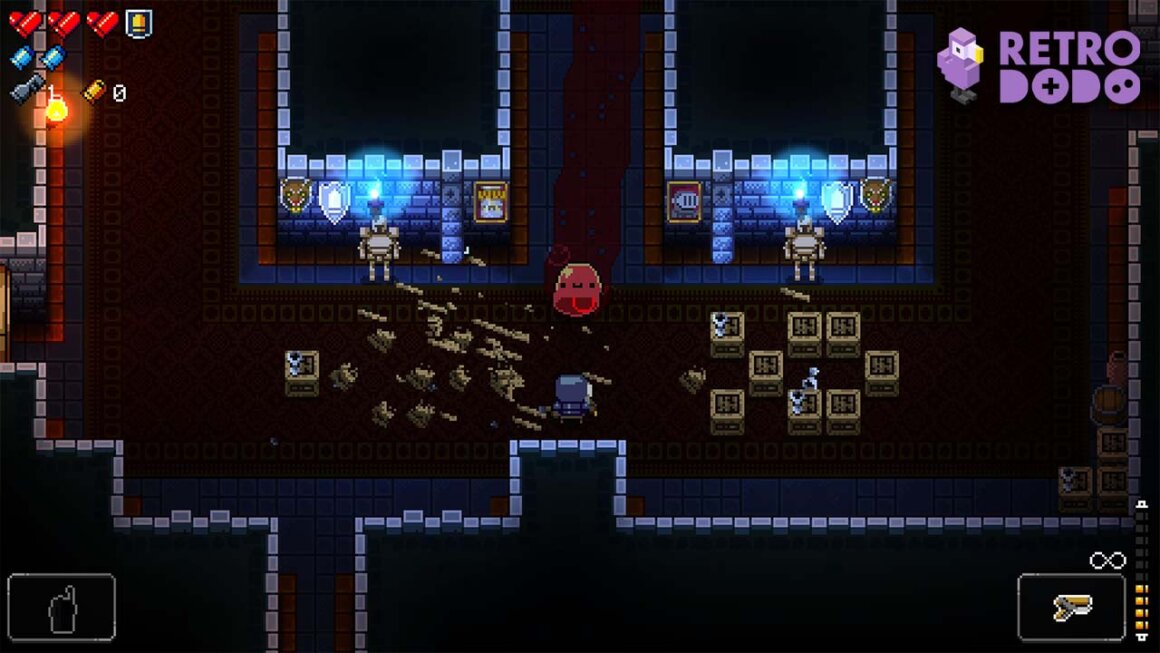 Enter the Gungeon gameplay Nintendo Switch - A character facing two knights standing by blue flames. There are wooden boxes on the ground.
