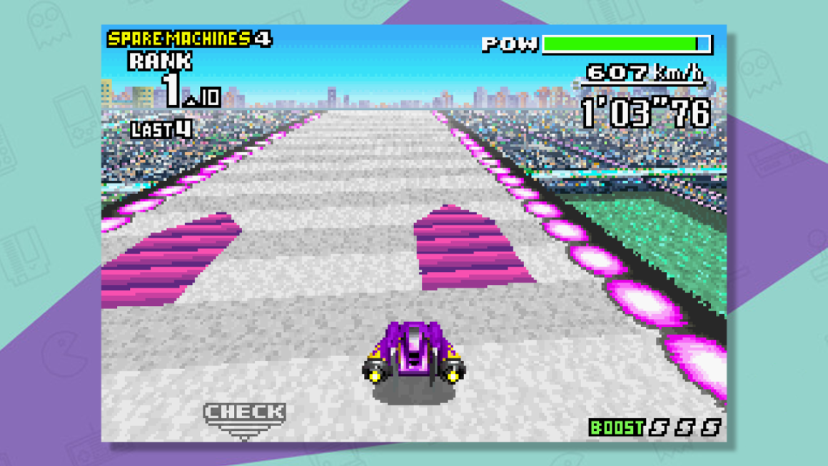 A purple craft racing along a road in F-Zero Maximum velocity