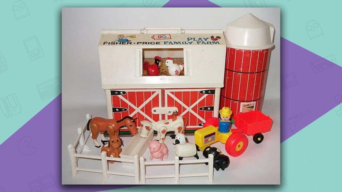 Fisher Price Farm, There is a red barn with white roof. Animals and a figure on a tractor stand by the doors.