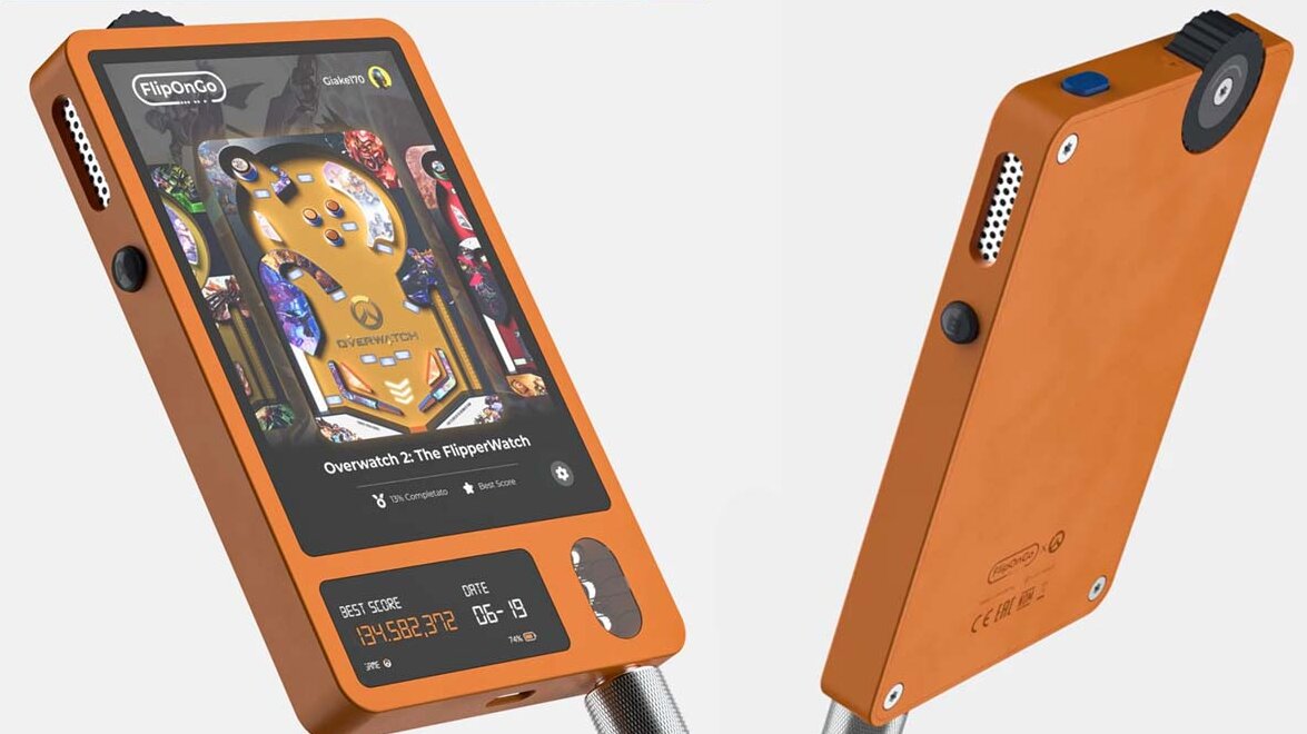 FlipOnGo handheld Pinball machine in orange, viewed from the front and back