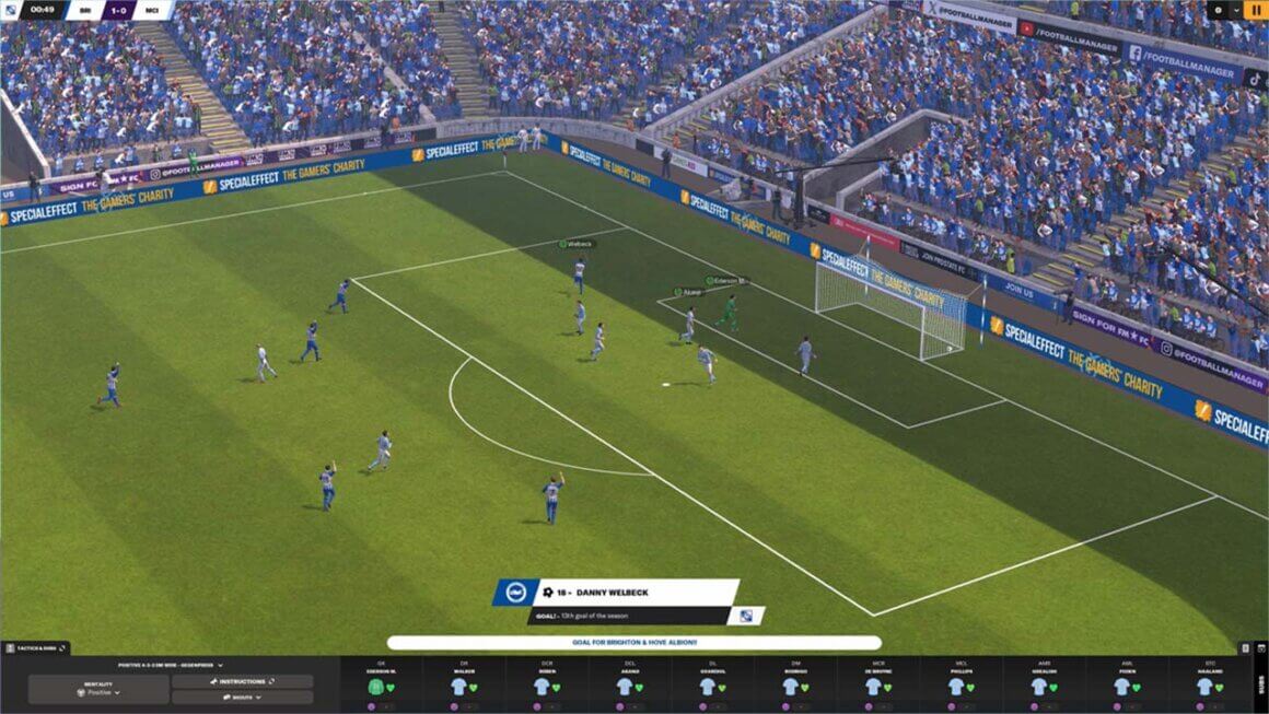 Football Manager 2024 gameplay with players heading towards goal