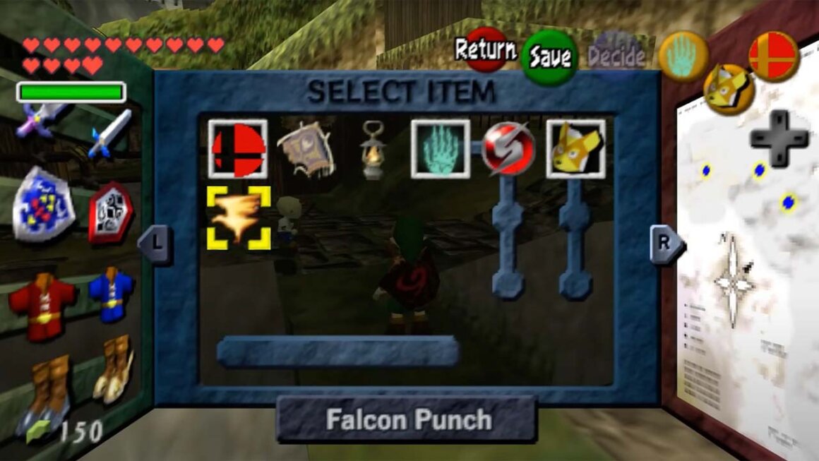 Selection screen on Ocarina of Time showing items modded by notCHase