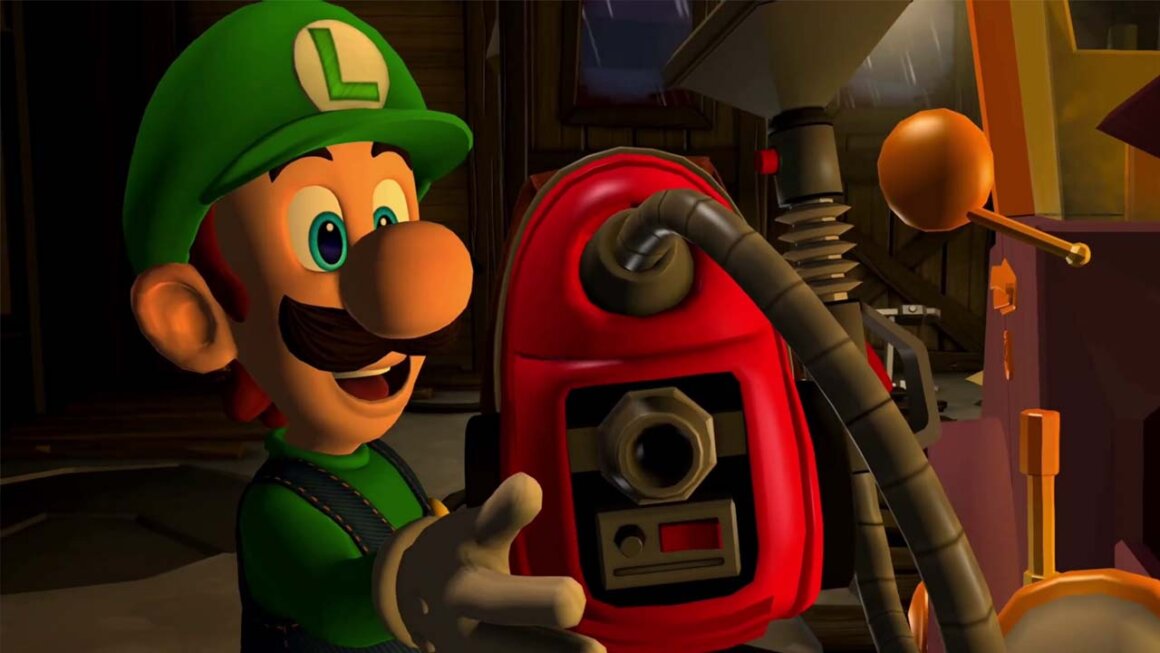 Cutscene from Luigi's Mansion 2 HD remake gameplay, with Luigi holding a Poltergust vacuum cleaner