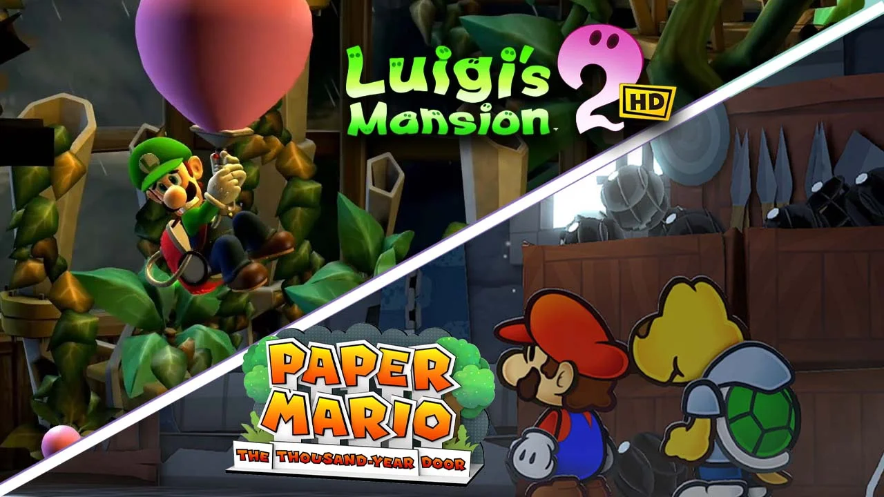 Gameplay stills showing Luigi's Mansion 2 HD (left) and Paper Mario The Thousand Year Door Remake (Right)