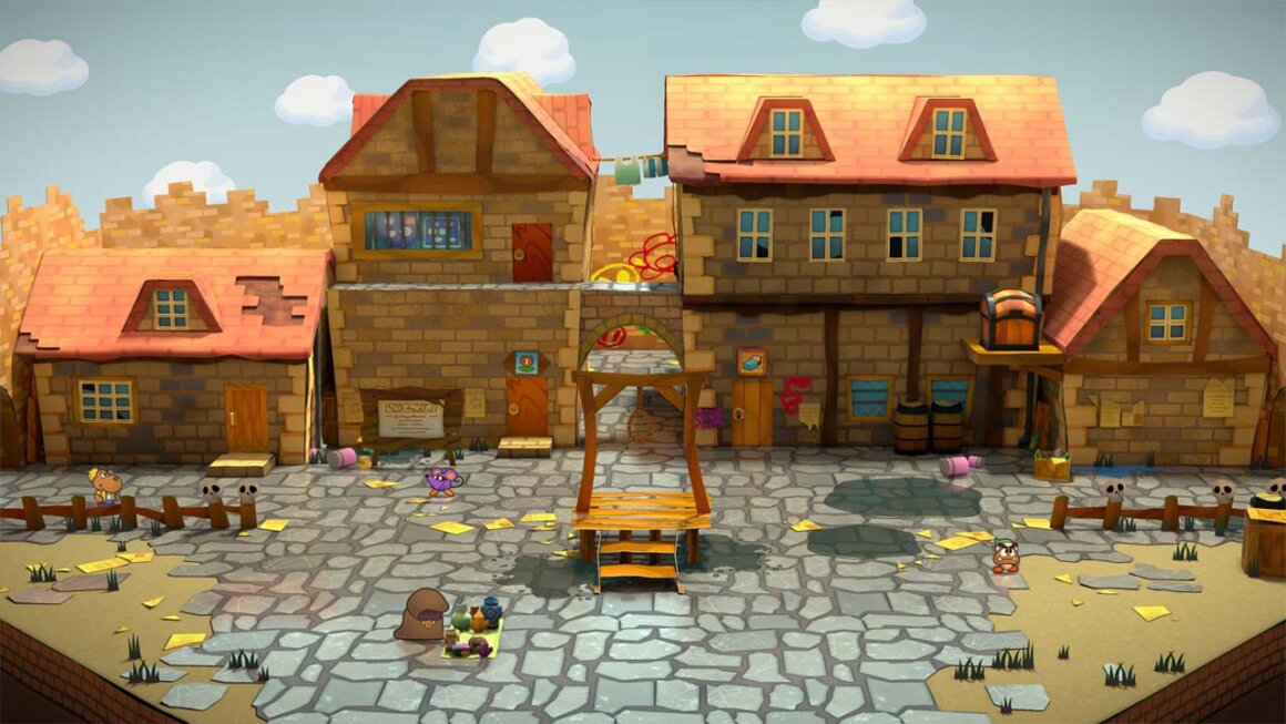 Gameplay of Paper Mario: The Thousand Year Door, showing a town square with paper figures moving around 