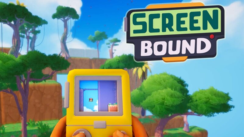 Game art for Screenbound showing a yellow gameboy with 2D gameplay and a 3D world around it