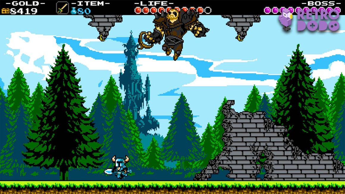 Shovel Knight gameplay, with Shovel Knight moving away from a broken wall. There is an enemy at the top of the screen.