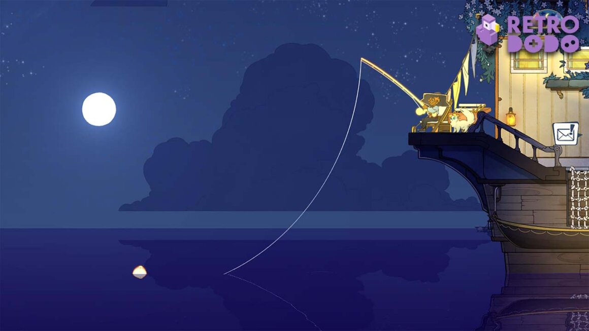 Spiritfarer gameplay, with a man fishing off the edge of a boat. A cat is sitting next to him