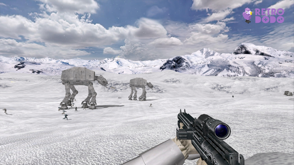 Star Wars: Battlefront II Cheats, with the player pointing a gun at AT-AT Walkers moving across the snowy terrain on Hoth.