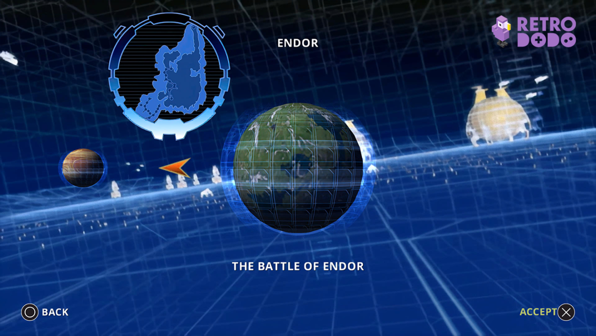 Star Wars: Battlefront game selection screen, with the Battle of Endor highlighted in the centre of the screen.