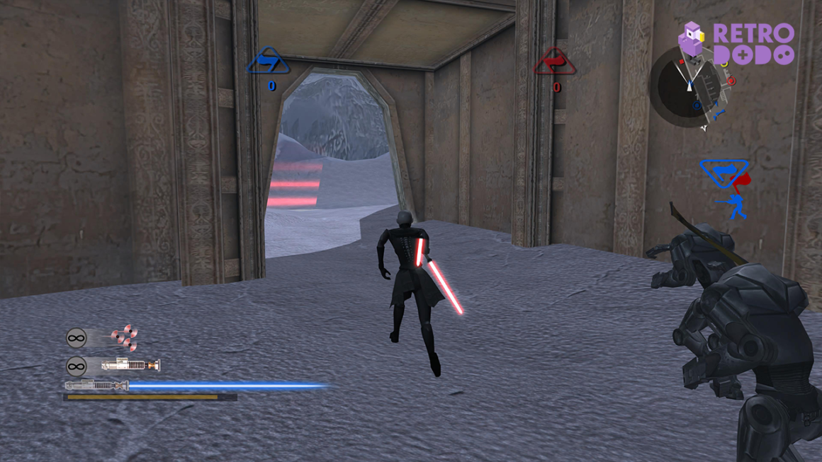 Star Wars: Battlefront II gameplay, with a character wielding a red lightsaber moving across a snowy floor inside a building