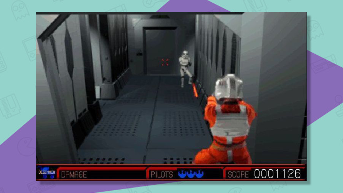 Star Wars Rebel Assault II: The Hidden Empire gameplay of Rookie One in battle with a Stormtrooper.