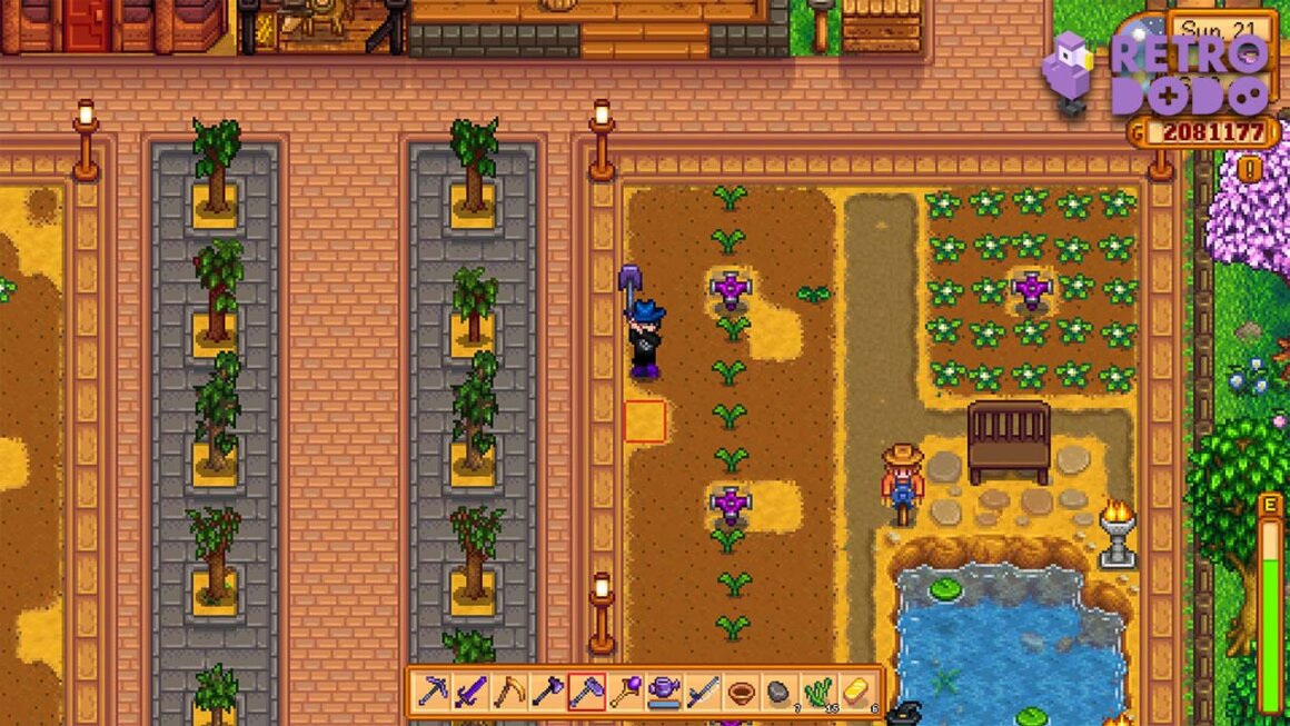 Stardew Valley gameplay - a farmer tending the land. There is a scarecrow next to a pond
