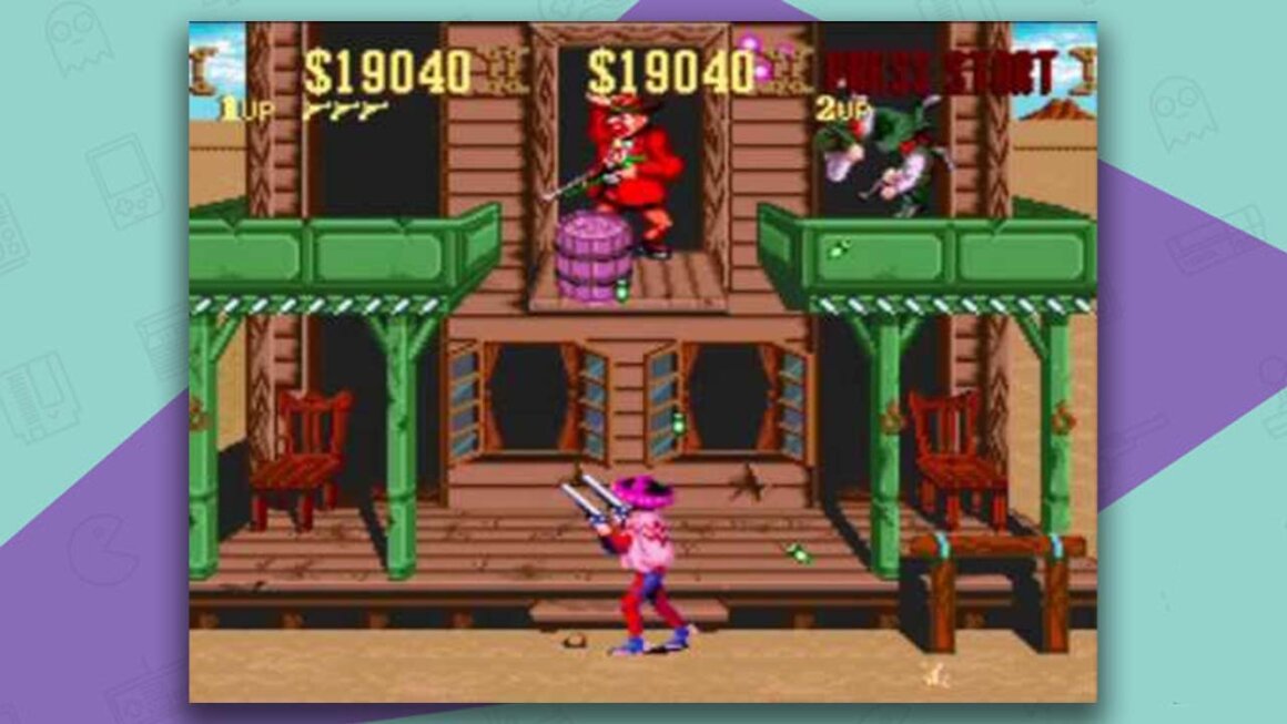 Sunset Riders gameplay, with characters holding guns standing in windows on an upper landing of a saloon. There is a character with two guns on the road outside.