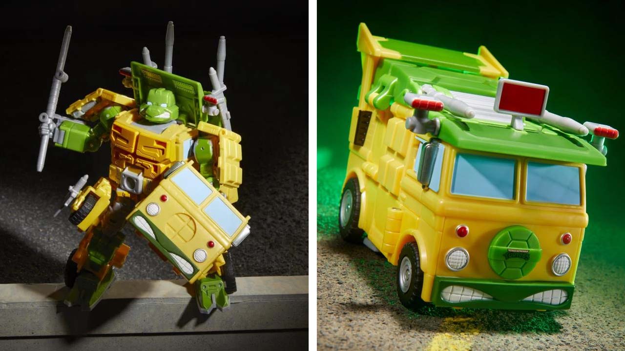 Teenage Miutant Ninja Turtles character (left) and transformed into the Party Wagon (right)