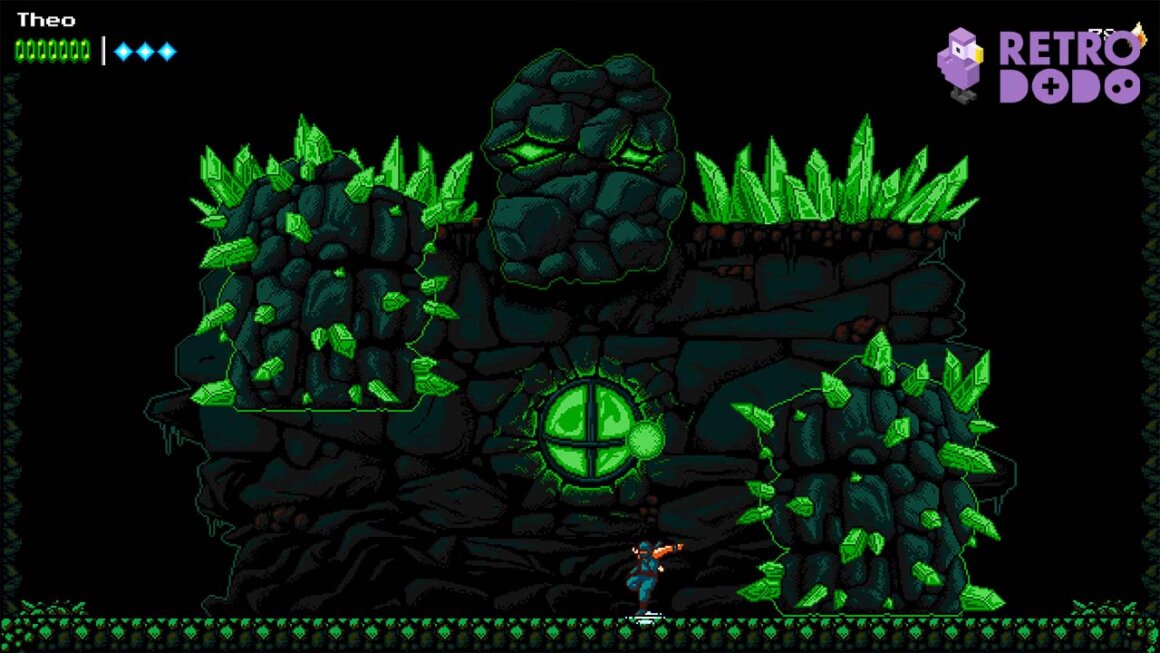 The Messenger gameplay - a character is moving past a large green enemy that looks like a rock