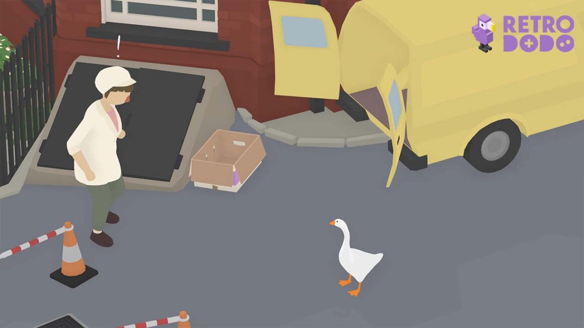 Untitled Goose Game gameplay, showing a goose next to a yellow van. It's back doors are open, and a woman is looking surprised.