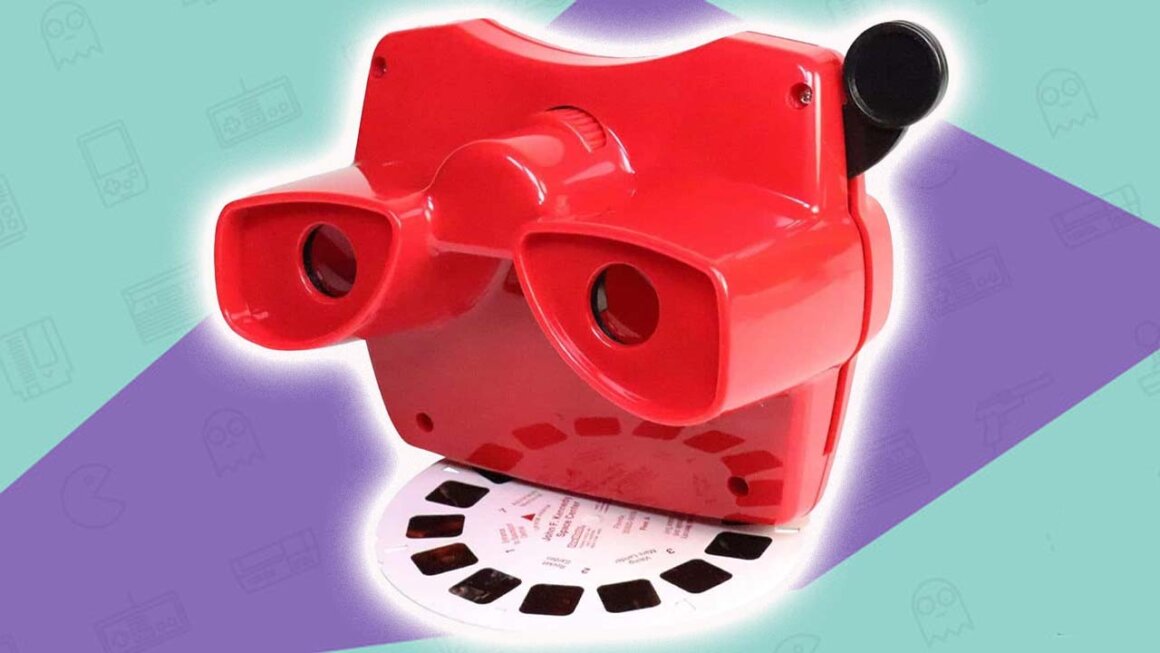 Red View Master toy with a white reel underneath