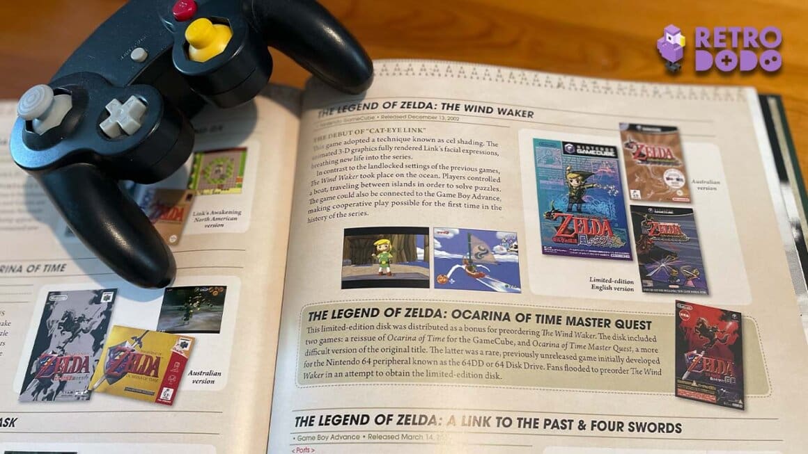 Picture of a page in Seb's Hyrule Historia book showing the Wind Waker and a GameCube controller