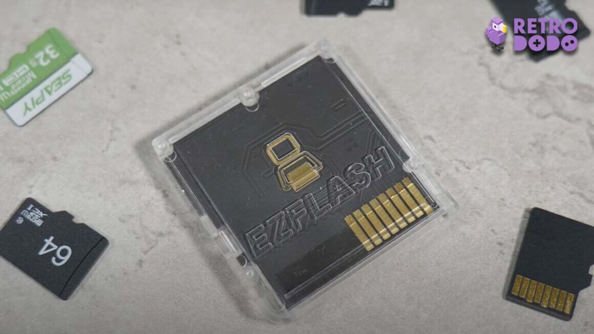 The EZ Flash surrounded by Micro SD cards on a table