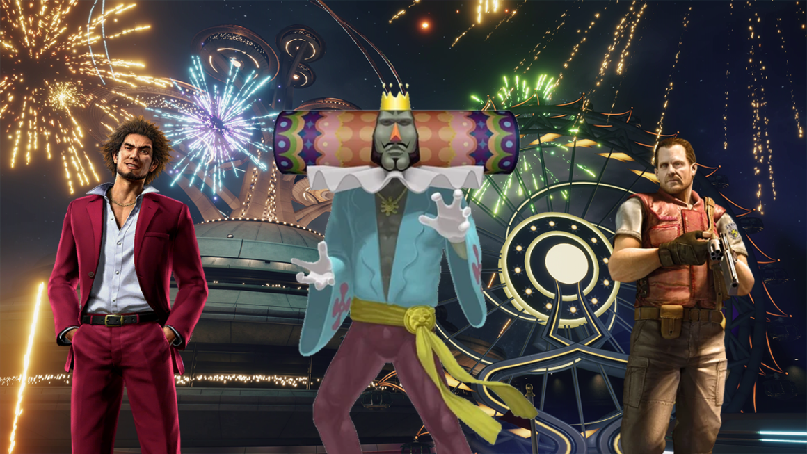 Ichiban Kasuga, The King Of Cosmos and Barry Burton hanging out at The Gold Saucer.