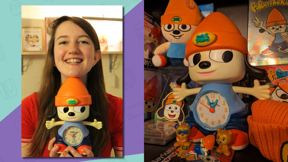 Rosie Caddick posing with her Parappa the Rapper clock and her Parappa collection.