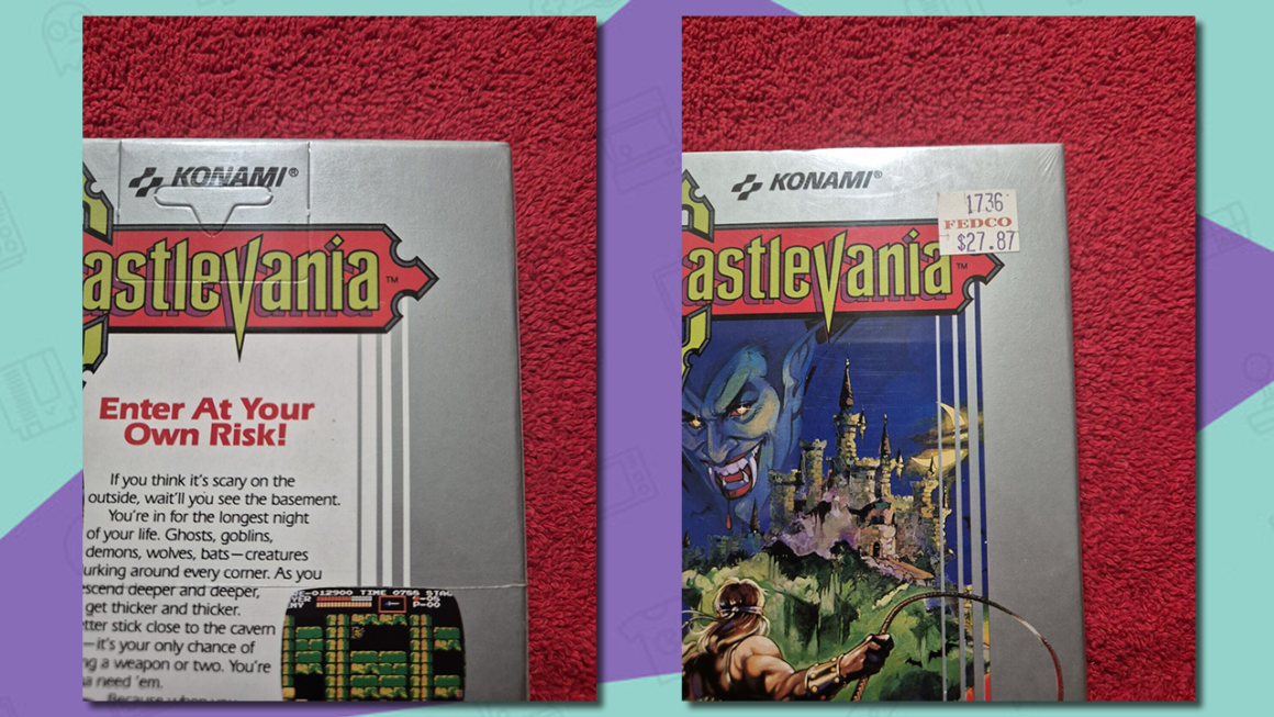 Castlevania for the NES, sealed, with the hang tab intact and the original price sticker of $27.87.