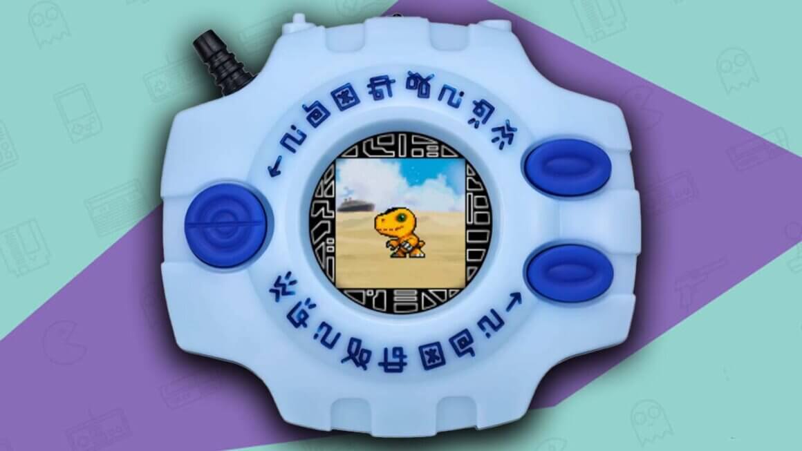 Blue base model Digivice with colour screen showing Agumon on a beach.