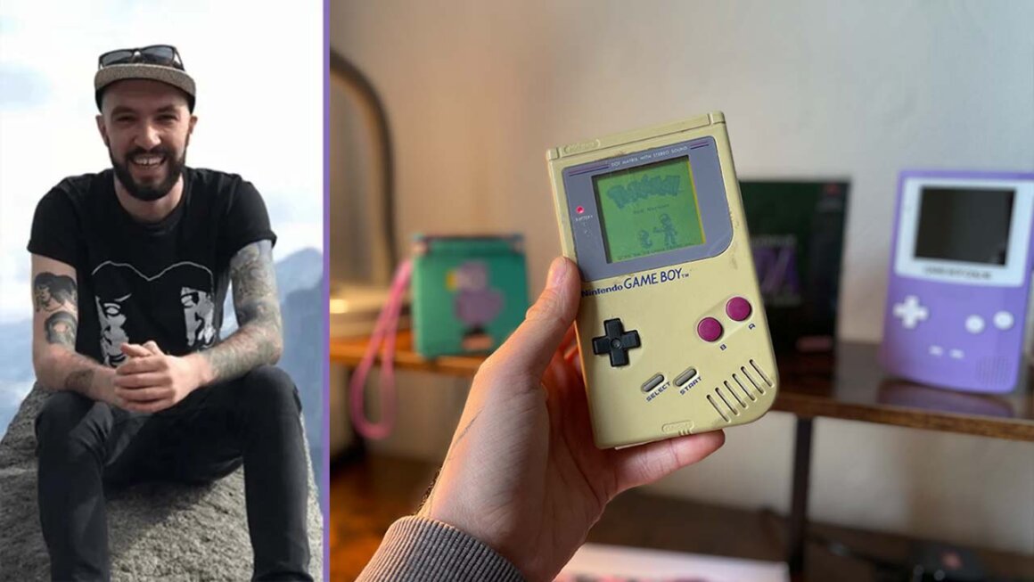 Seb Santabarbara's headshot (left) with Seb holding a Game Boy DMG in his hand (right)