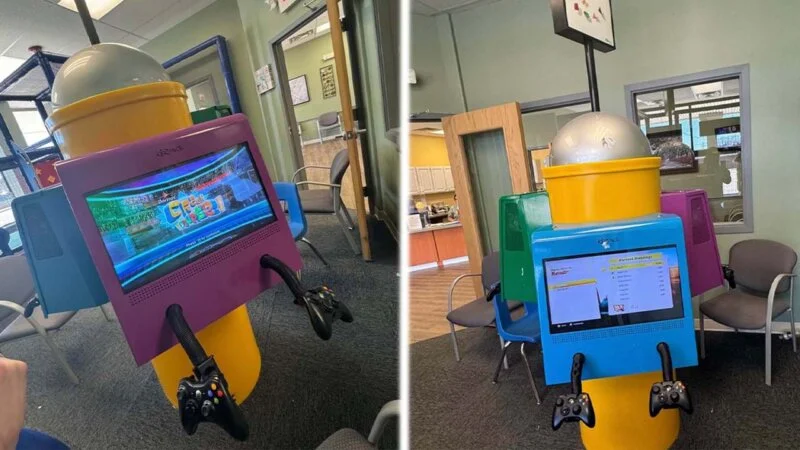 An image of an Xbox 360 cabinet in a Dentist's waiting room